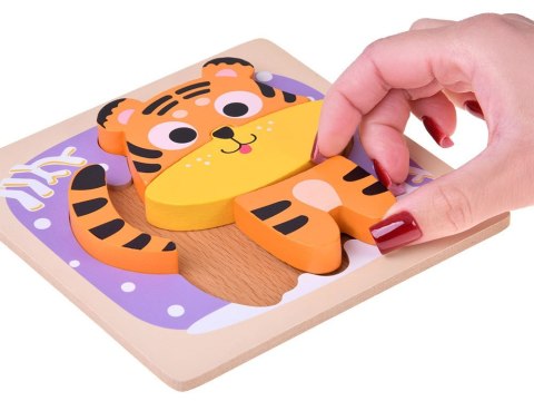 Drewniane puzzle - zestaw 4 układanek panda, słoń, kura, tygrys ZA6259