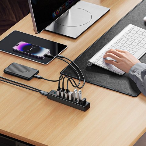 Hub Orico PW7U-U3 7x USB-A 3.0 + USB-C 5V/3A 1m - czarny