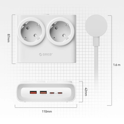 Listwa zasilająca Orico PDC25 25W 6w1 2x AC + 2x USB-A + 2x USB-C - biała
