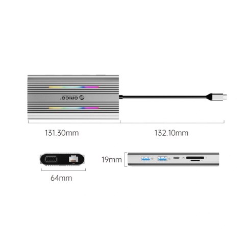 Stacja dokująca USB-C Orico XDR 12w1 RGB USB-A USB-C PD 100W 2x HDMI 4K 60Hz VGA RJ45 Gigabit czytnik kart SD i microSD - szara