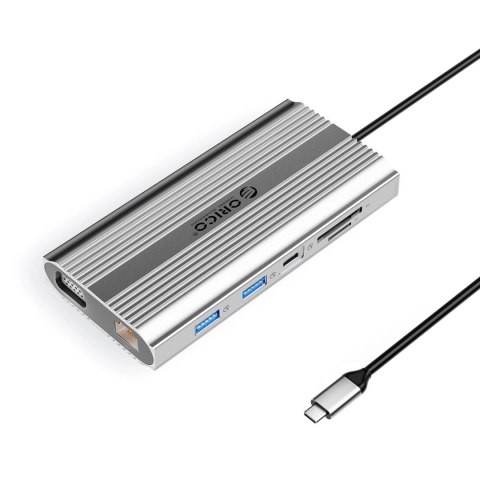 Stacja dokująca USB-C Orico XDR 12w1 USB-A USB-C HDMI 4K VGA RJ45 Gigabit PD 100W czytnik kart SD i microSD - srebrna