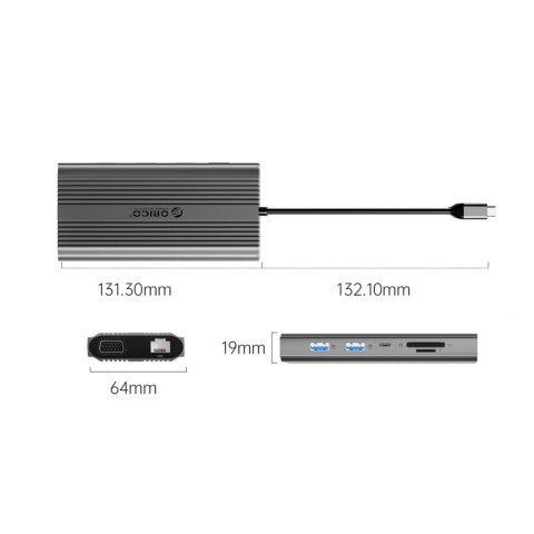 Stacja dokująca USB-C Orico XDR 12w1 USB-A USB-C HDMI 4K VGA RJ45 Gigabit PD 100W czytnik kart SD i microSD - szara