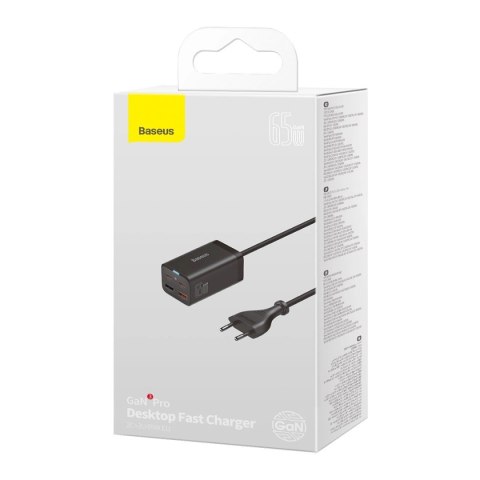 Baseus GaN3 Pro szybka ładowarka sieciowa GaN 2 x USB Typ C / 2 x USB 65W PD, QC4.0+, AFC, PPS + kabel USB Typ C - USB Typ C 1m