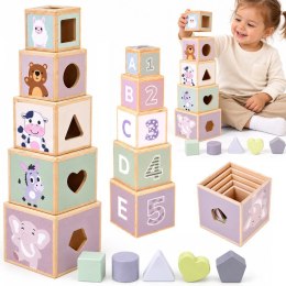 Drewniana piramida edukacyjna + sorter kształtów 2w1 Stonowany kolor ZA6484
