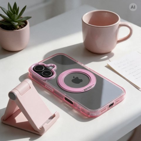 Etui na iPhone 14 Frame Circle Stand zgodne z MagSafe różowe