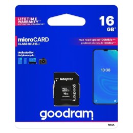 GOODRAM karta pamięci microSD 16GB 100MB/s class 10 UHS I z adapterem SD
