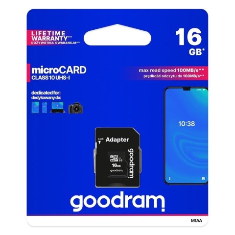 GOODRAM karta pamięci microSD 16GB 100MB/s class 10 UHS I z adapterem SD