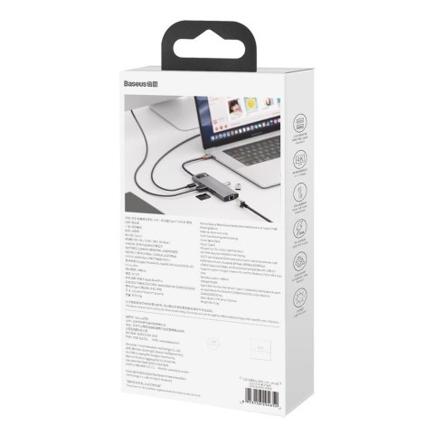 Hub Baseus Metal Gleam 8w1 USB-C - USB-C PD 100W 1x HDMI 4K 30Hz 1x czytnik kart SD i microSD 3x USB-A 3.2 1xRJ45 - szary