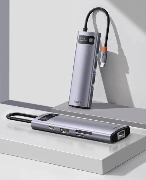 Hub Baseus Metal Gleam 8w1 USB-C - USB-C PD 100W 1x HDMI 4K 30Hz 1x czytnik kart SD i microSD 3x USB-A 3.2 1xRJ45 - szary