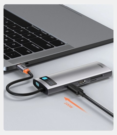 Hub Baseus Metal Gleam 8w1 USB-C - USB-C PD 100W 1x HDMI 4K 30Hz 1x czytnik kart SD i microSD 3x USB-A 3.2 1xRJ45 - szary