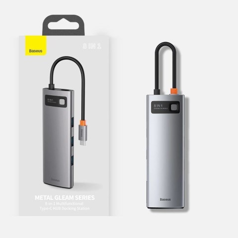 Hub Baseus Metal Gleam 8w1 USB-C - USB-C PD 100W 1x HDMI 4K 30Hz 1x czytnik kart SD i microSD 3x USB-A 3.2 1xRJ45 - szary