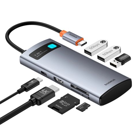 Hub USB-C Baseus Metal Gleam 7w1 HDMI 4K 60Hz / 3x USB 3.0 / USB-C PD / SD / microSD - szary