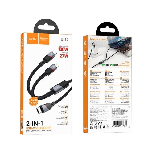 Kabel 2w1 USB C do USB C + Lightning Hoco 5A 100W 1,2 m U139 czarny