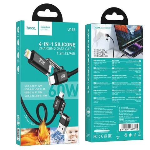Kabel 4w1 USB A/USB C do USB C/Lightning Hoco 3A 60W 1,2 m U155 czarny