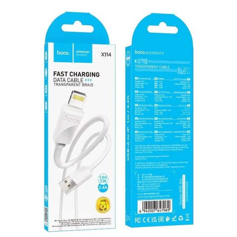 Kabel USB A do Lightning Hoco 2,4A 1 m X114 biały