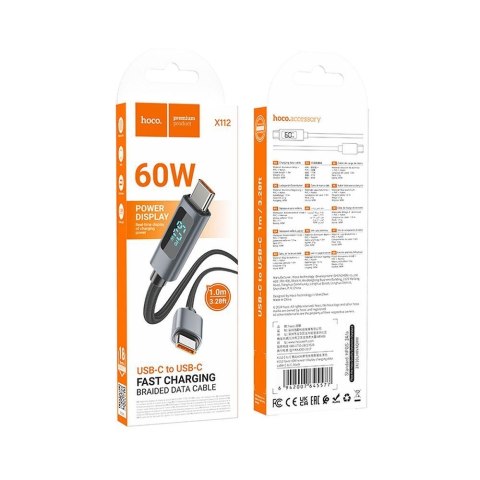Kabel USB C do USB C Hoco 3A 60W z wyświetlaczem 1 m X112 czarny