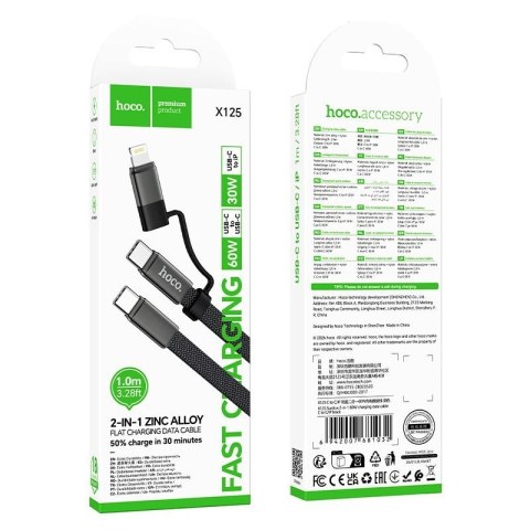 Kabel USB C do USB C/iP Hoco 3A 60W płaski 1 m X125 czarny