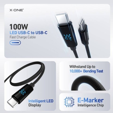 Kabel USB X-ONE BoltLink LED Display - typ C do C max 100W 1,5m czarny