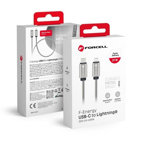 Kabel USB-C do Lightning Forcell F-Energy PD 3A 27W Metal 2 m C238 srebrny