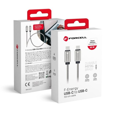 Kabel USB-C do USB-C Forcell F-Energy QC4.0 PD 3A 60W Metal 1 m C237 srebrny