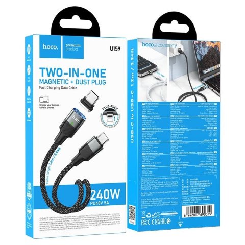 Kabel z końcówką magnetyczną USB C do USB C Hoco QC3.0 PD 5A 240W 1,2 m U159 czarny