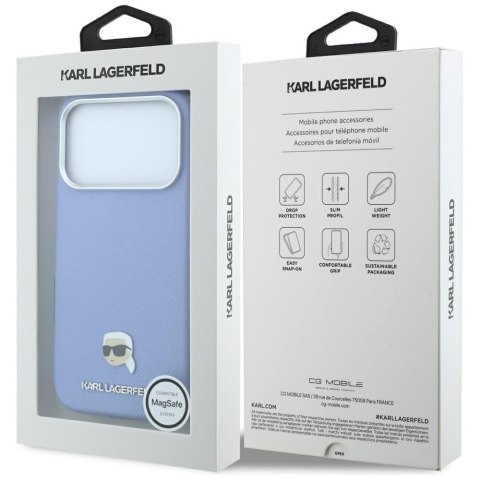 KARL LAGERFELD futerał do IPHONE 18 Pro/ 17 Pro kompatybilny z MagSafe (Grained Karl Head Metal) jasno niebieski