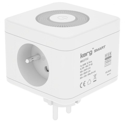 KERG Kostka zasilająca 2-gniazdowa + ładowarka USB-A+USB-C + lampka LED 16A/250V~ Smart biała