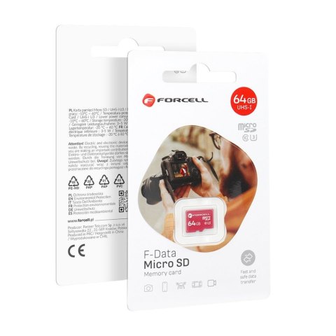 Karta microSD 64GB U3 class 10 Forcell F-Data czerwona