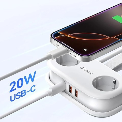 Listwa zasilająca Orico AP3 20W GaN 5w1 2x AC + 2x USB-A + 1x USB-C - biała