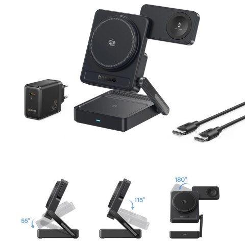 Ładowarka bezprzewodowa Baseus PicoGo AF21 3w1 Qi2.2 35W z zasilaczem EU 45W i kablem USB-C 1m - czarna