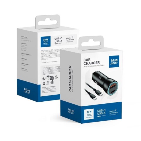 Ładowarka samochodowa Blue Star USB C + USB A QC3.0 PD AFC PPS 3A 30W + kabel USB C do USB C czarna