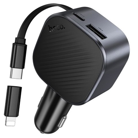 Ładowarka samochodowa Hoco USB A + USB C QC3.0 PD 45W + ze zwijanym kablem USB C Z68 czarna