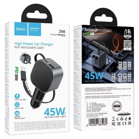 Ładowarka samochodowa Hoco USB A + USB C QC3.0 PD 45W + ze zwijanym kablem USB C Z68 czarna