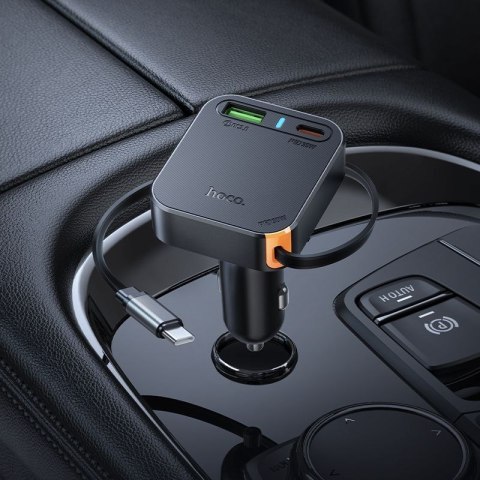 Ładowarka samochodowa Hoco ze zwijanym kablem 2 x USB C + USB A QC PD 65W NZ18 czarna