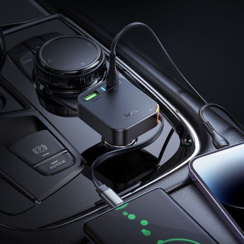 Ładowarka samochodowa Hoco ze zwijanym kablem 2 x USB C + USB A QC PD 65W NZ18 czarna