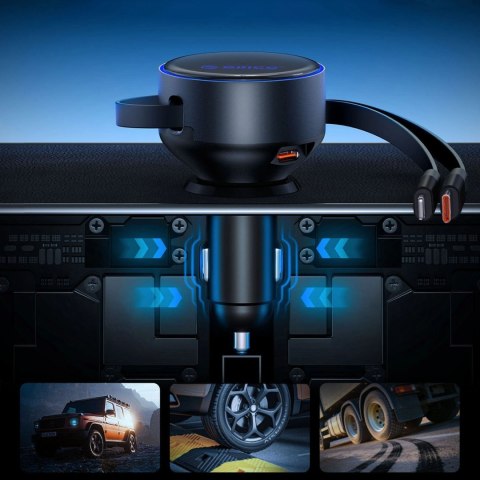 Ładowarka samochodowa Orico Dual Stretch 60 W USB-C z dwoma zwijanymi kablami USB-C + Lightning - czarna