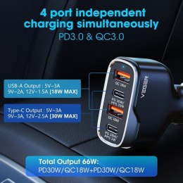 Ładowarka samochodowa VEGER 2 x USB A + 2 x Typ C PD QC 3A 66W CC53-2A2C czarna