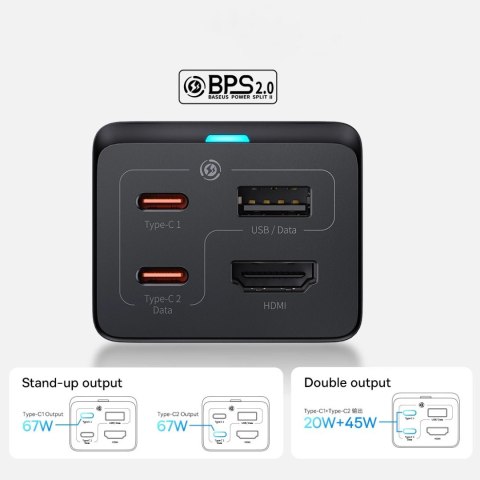 Ładowarka sieciowa GaN5 Baseus CCGP110201 67W HUB HDMI 2x USB-C / USB-A / HDMI 4K 30Hz 1,5m - czarna + kabel USB-C - USB-C 1m