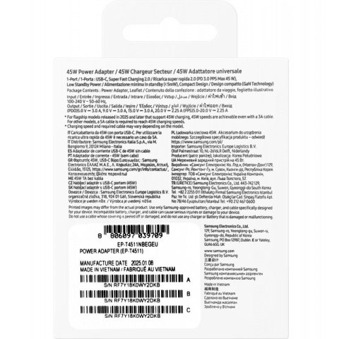 Ładowarka sieciowa Samsung EP-T4511NBEGEU 45W 4.05A 1x USB-C - czarna