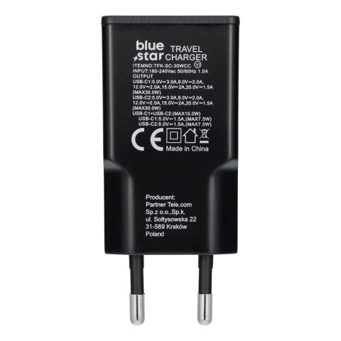 Ładowarka sieciowa do telefonu Blue Star Slim GaN 2 x USB C QC4.0 PD 3A 30W TFK-SC-30WCC czarna