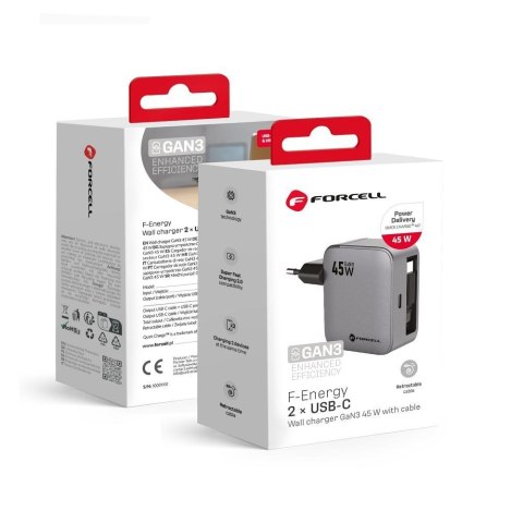 Ładowarka sieciowa do telefonu Forcell F-Energy GaN USB C + zwijany kabel USB C PD QC4.0 3A 45W VT-R5 szara