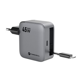 Ładowarka sieciowa do telefonu Forcell F-Energy GaN USB C + zwijany kabel USB C PD QC4.0 3A 45W VT-R5 szara