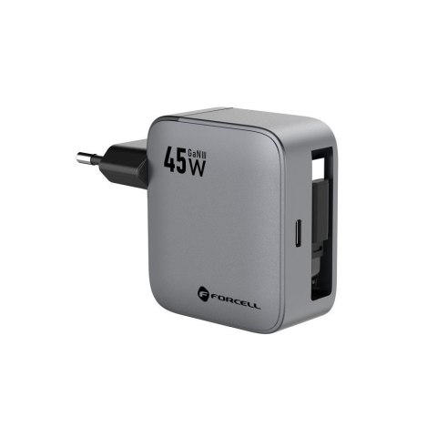 Ładowarka sieciowa do telefonu Forcell F-Energy GaN USB C + zwijany kabel USB C PD QC4.0 3A 45W VT-R5 szara