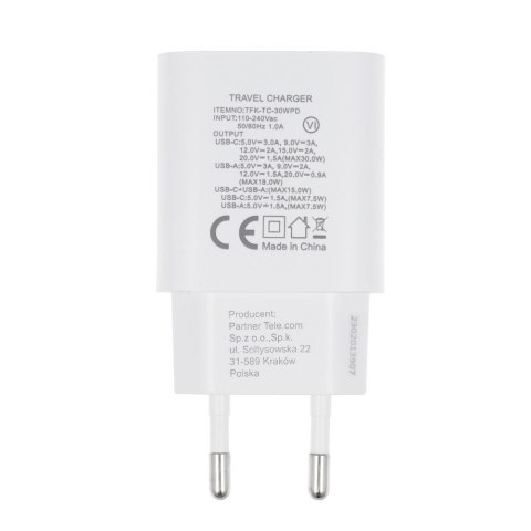 Ładowarka sieciowa do telefonu Forcell F-Energy USB C + USB A QC4.0 PD 3A 30W TFK-TC-30WPD biała