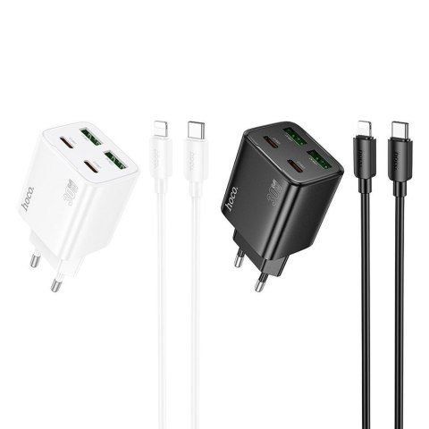Ładowarka sieciowa do telefonu Hoco 2 x USB C + 2 x USB A QC3.0 PD 3A 30W + kabel USB C do Lightning N56 biała
