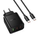 Ładowarka sieciowa do telefonu Hoco 2x USB C + USB A QC3.0 PD 3A 65W + kabel USB C do USB C N75 czarna