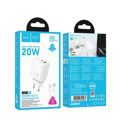 Ładowarka sieciowa do telefonu Hoco USB A + USB C QC3.0 PD 3A 20W + kabel USB C do Lightning N61 biała