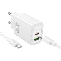 Ładowarka sieciowa do telefonu Hoco USB A + USB C QC3.0 PD 3A 30W + kabel USB C do USB C N63 biała