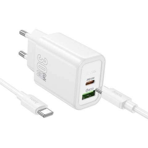 Ładowarka sieciowa do telefonu Hoco USB A + USB C QC3.0 PD 3A 30W + kabel USB C do USB C N63 biała