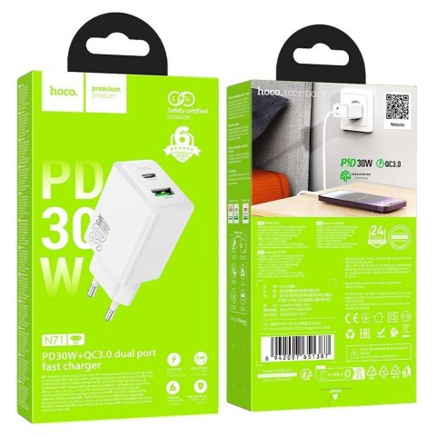 Ładowarka sieciowa do telefonu Hoco USB A + USB C QC3.0 PD AFC 3A 30W N71 biała
